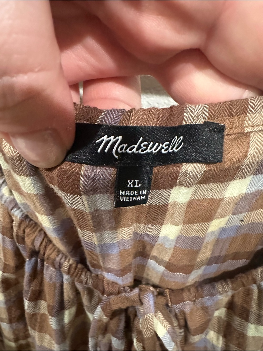 Madewell Brown & Cream Plaid Peasant Dress with Subtle Blue Check - Picture 4 of 6